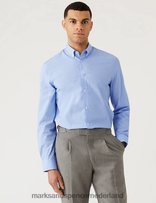 Marks & Spencer Heren Slim-fit katoenrijk gestreept overhemd lichtblauw kleding N8VZP5605