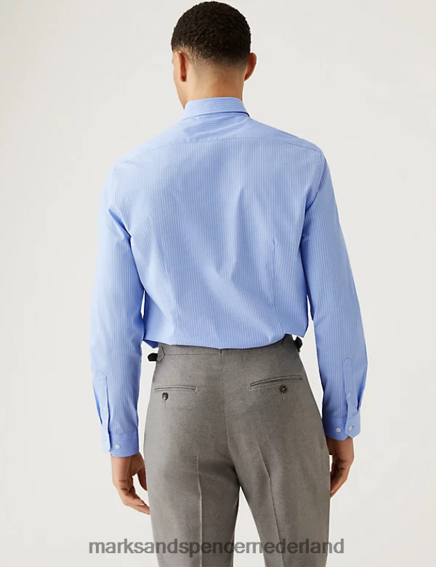 Marks & Spencer Heren Slim-fit katoenrijk gestreept overhemd lichtblauw kleding N8VZP5605