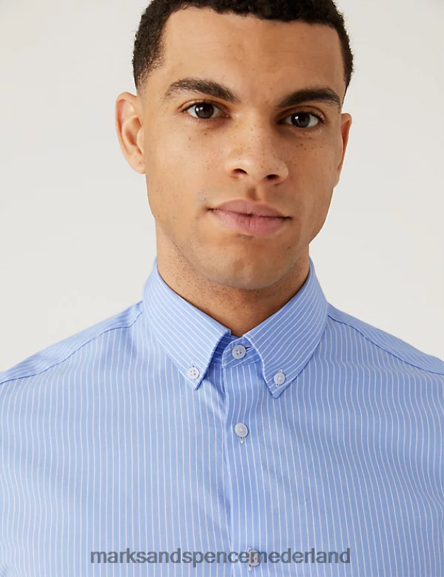 Marks & Spencer Heren Slim-fit katoenrijk gestreept overhemd lichtblauw kleding N8VZP5605