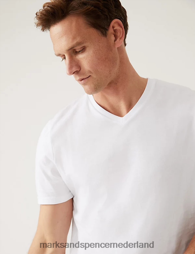Marks & Spencer Heren T-shirt van puur katoen met V-hals wit kleding N8VZP5204