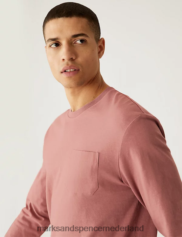 Marks & Spencer Heren T-shirt van puur katoen met lange mouwen antieke roos kleding N8VZP7102