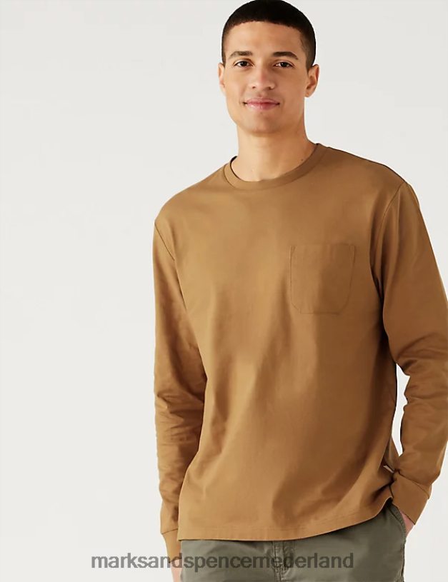 Marks & Spencer Heren T-shirt van puur katoen met lange mouwen licht brons kleding N8VZP7101