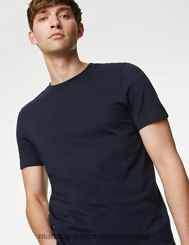 Marks & Spencer Heren T-shirt van puur katoen met ronde hals donker marine kleding N8VZP154