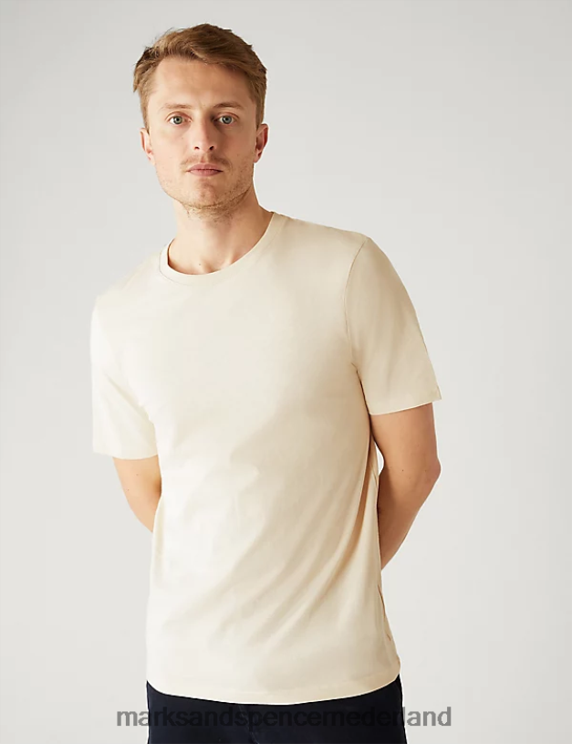 Marks & Spencer Heren T-shirt van puur katoen met ronde hals ecru kleding N8VZP151