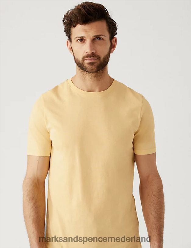 Marks & Spencer Heren T-shirt van puur katoen met ronde hals geel kleding N8VZP140