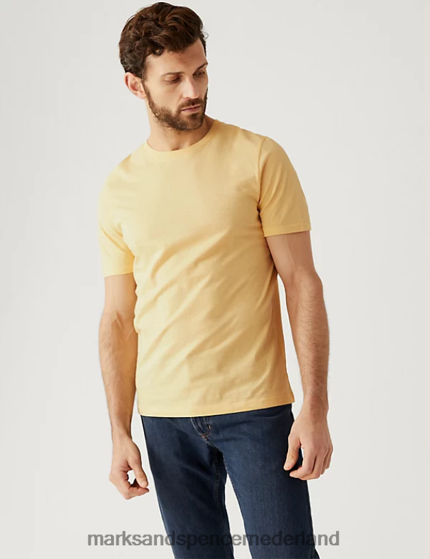 Marks & Spencer Heren T-shirt van puur katoen met ronde hals geel kleding N8VZP140