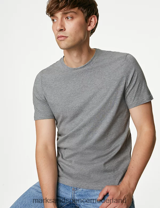 Marks & Spencer Heren T-shirt van puur katoen met ronde hals grijze mergel kleding N8VZP149