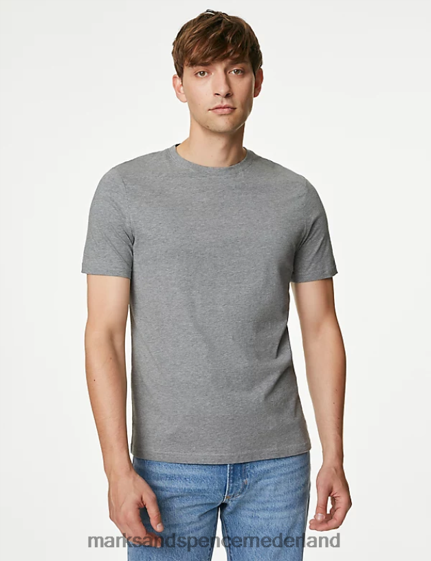 Marks & Spencer Heren T-shirt van puur katoen met ronde hals grijze mergel kleding N8VZP149