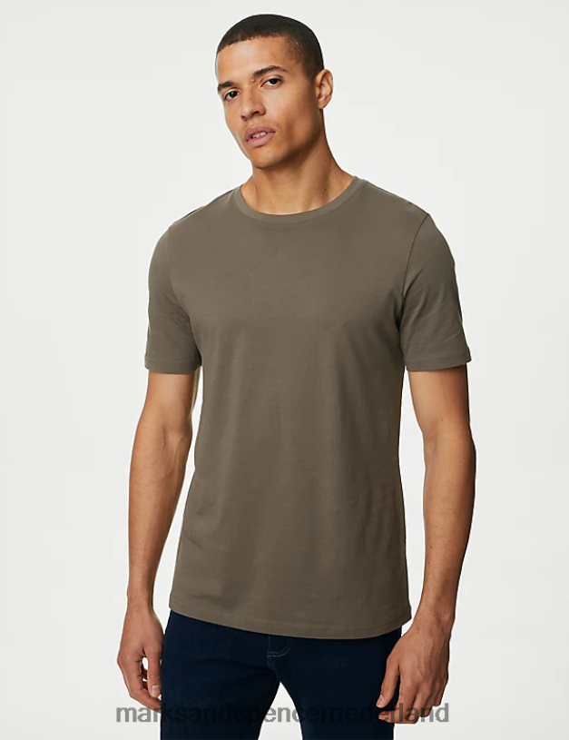 Marks & Spencer Heren T-shirt van puur katoen met ronde hals licht bruin kleding N8VZP166