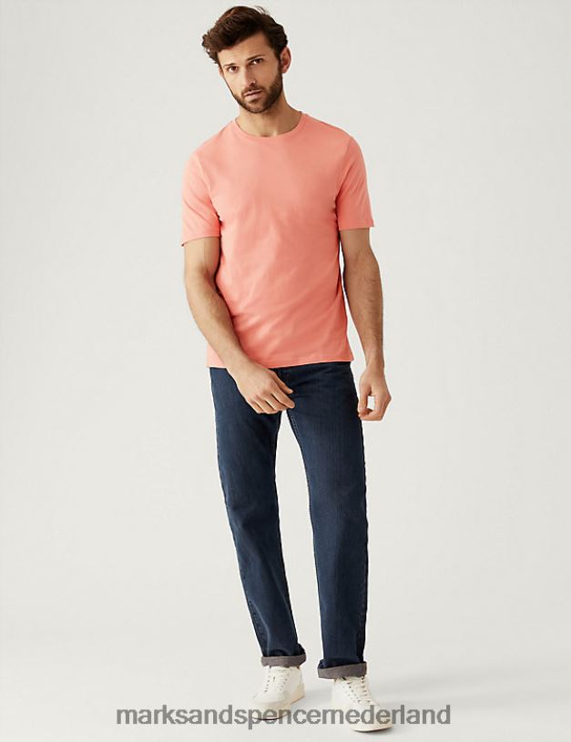 Marks & Spencer Heren T-shirt van puur katoen met ronde hals middelgroot koraal kleding N8VZP134