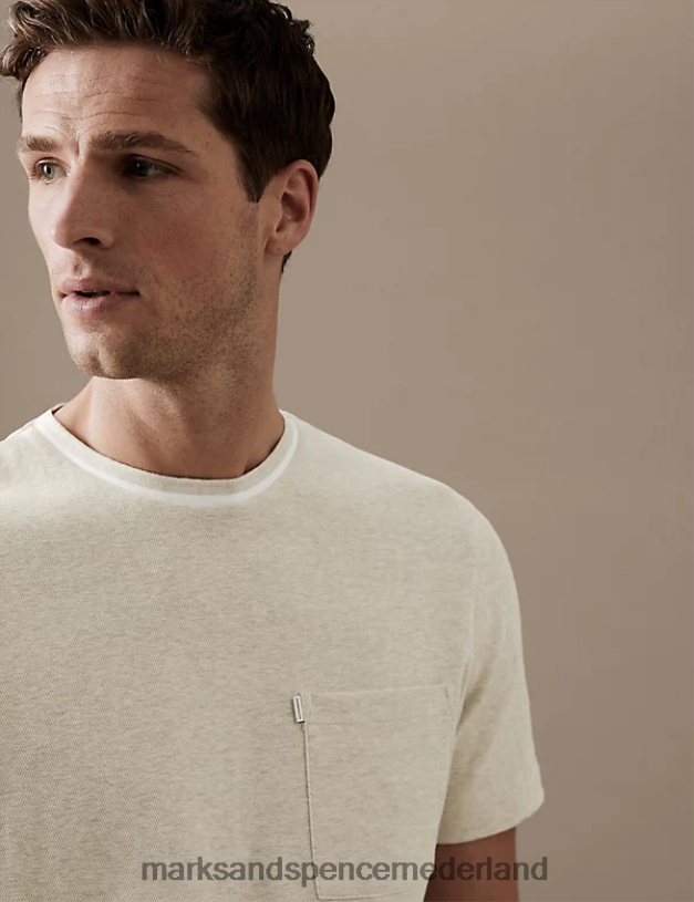 Marks & Spencer Heren T-shirt van puur katoen met textuur beige gemêleerd kleding N8VZP4930