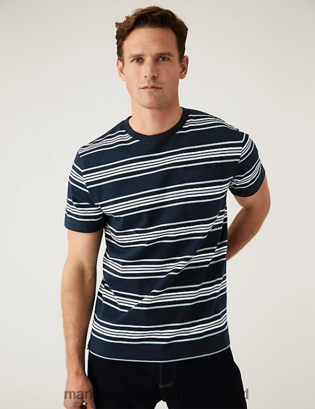 Marks & Spencer Heren Zwaar T-shirt van puur katoen met strepen donker marine kleding N8VZP6753