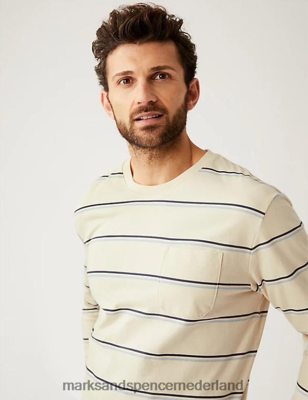 Marks & Spencer Heren Zwaar T-shirt van puur katoen met strepen ecru kleding N8VZP7006