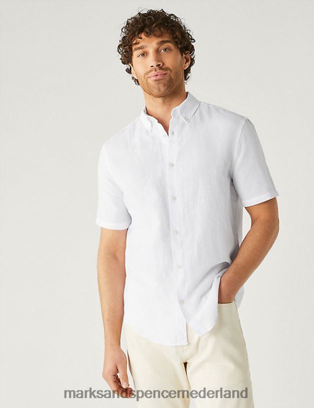 Marks & Spencer Heren gemakkelijk strijkbaar linnenrijk overhemd wit kleding N8VZP7430
