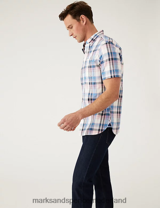 Marks & Spencer Heren geruit overhemd van puur katoen roze mix kleding N8VZP6872