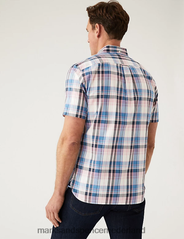 Marks & Spencer Heren geruit overhemd van puur katoen roze mix kleding N8VZP6872