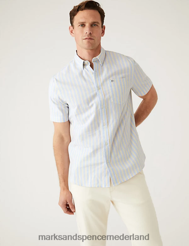 Marks & Spencer Heren gestreept Oxford overhemd van puur katoen geel mengsel kleding N8VZP5189