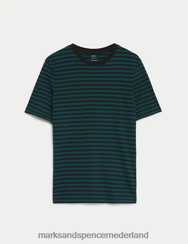 Marks & Spencer Heren gestreept t-shirt van puur katoen donker groenblijvend kleding N8VZP6785