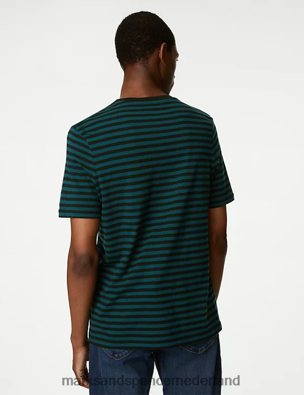 Marks & Spencer Heren gestreept t-shirt van puur katoen donker groenblijvend kleding N8VZP6785