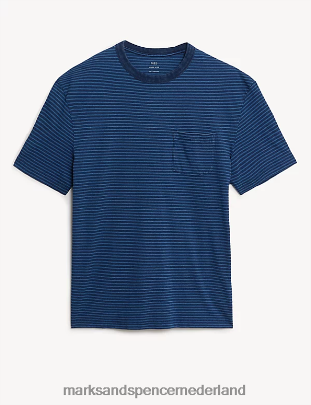 Marks & Spencer Heren gestreept t-shirt van puur katoen indigo-mix kleding N8VZP5474