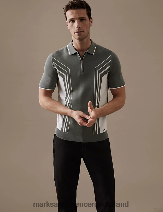 Marks & Spencer Heren katoenmix gebreid poloshirt met kleurblokken lichtgroen mengsel kleding N8VZP6831