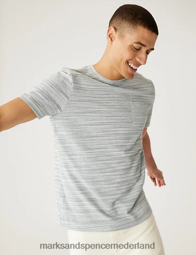 Marks & Spencer Heren katoenrijk T-shirt met ronde hals en textuur groene mix kleding N8VZP5166