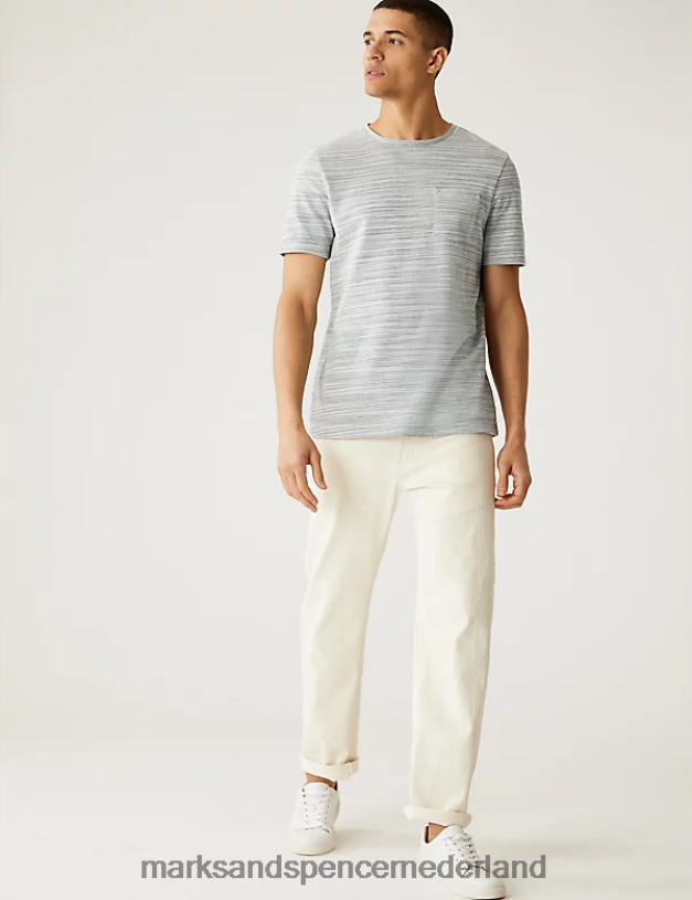 Marks & Spencer Heren katoenrijk T-shirt met ronde hals en textuur groene mix kleding N8VZP5166