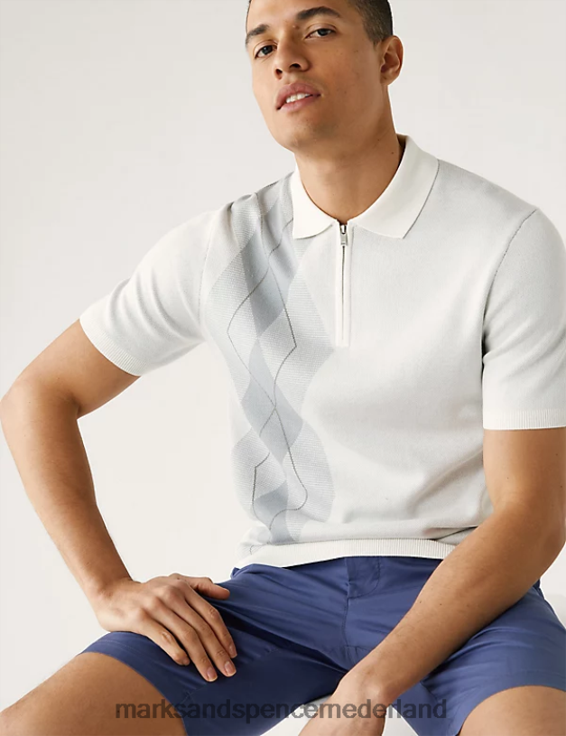 Marks & Spencer Heren katoenrijk arygle gebreid poloshirt ecru mix kleding N8VZP6550