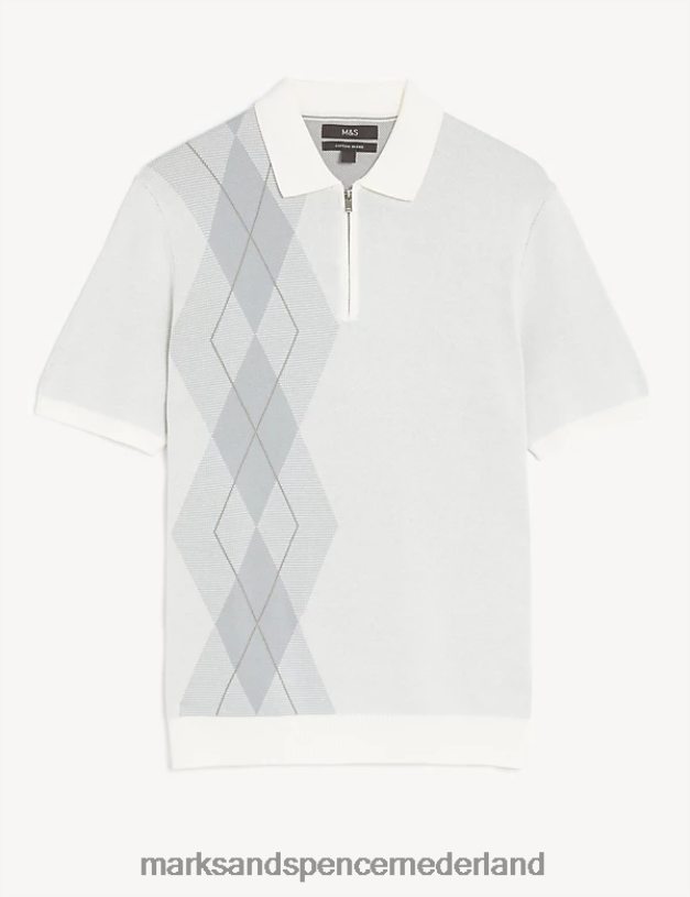 Marks & Spencer Heren katoenrijk arygle gebreid poloshirt ecru mix kleding N8VZP6550