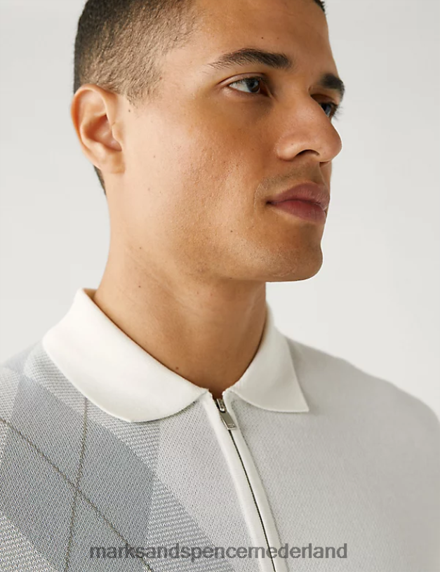 Marks & Spencer Heren katoenrijk arygle gebreid poloshirt ecru mix kleding N8VZP6550
