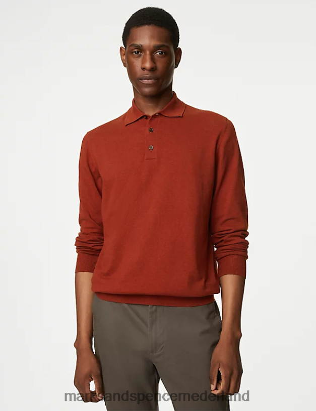 Marks & Spencer Heren katoenrijk gebreid poloshirt met punt paprika kleding N8VZP7171