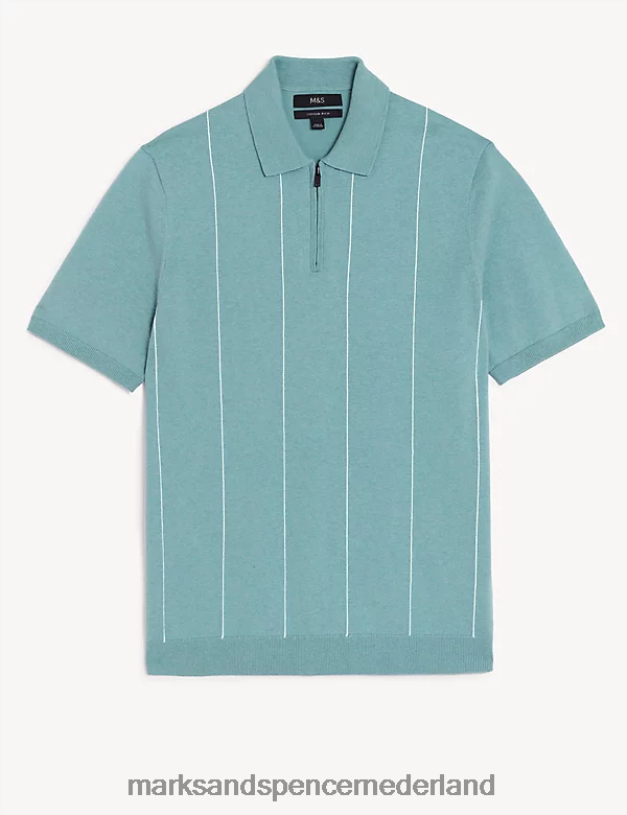 Marks & Spencer Heren katoenrijk gestreept gebreid poloshirt afgestoft aqua kleding N8VZP6884