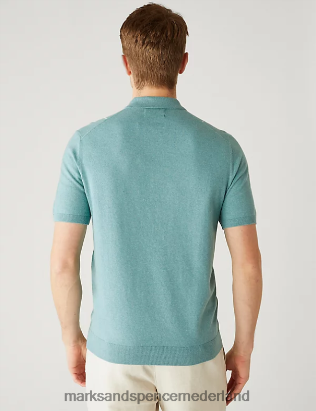 Marks & Spencer Heren katoenrijk gestreept gebreid poloshirt afgestoft aqua kleding N8VZP6884