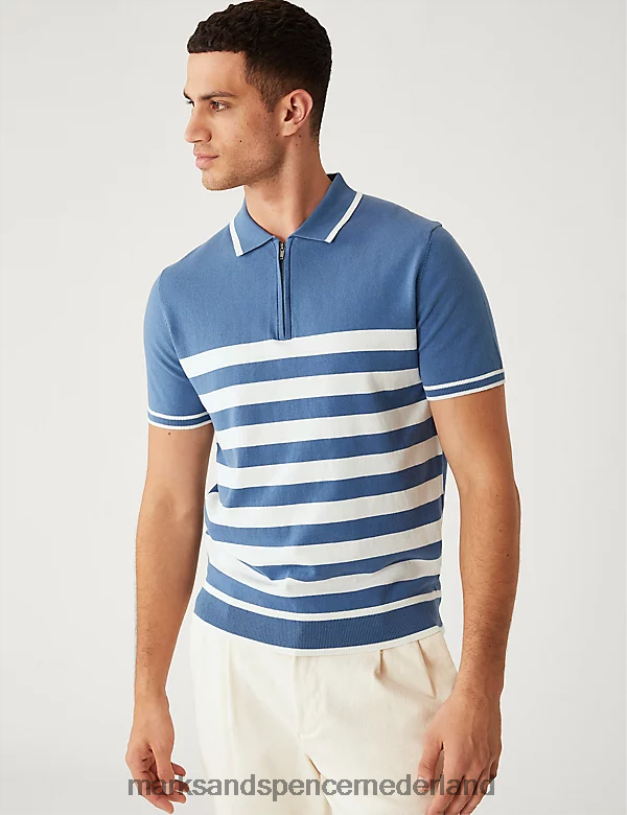 Marks & Spencer Heren katoenrijk gestreept gebreid poloshirt blauw mengsel kleding N8VZP5075