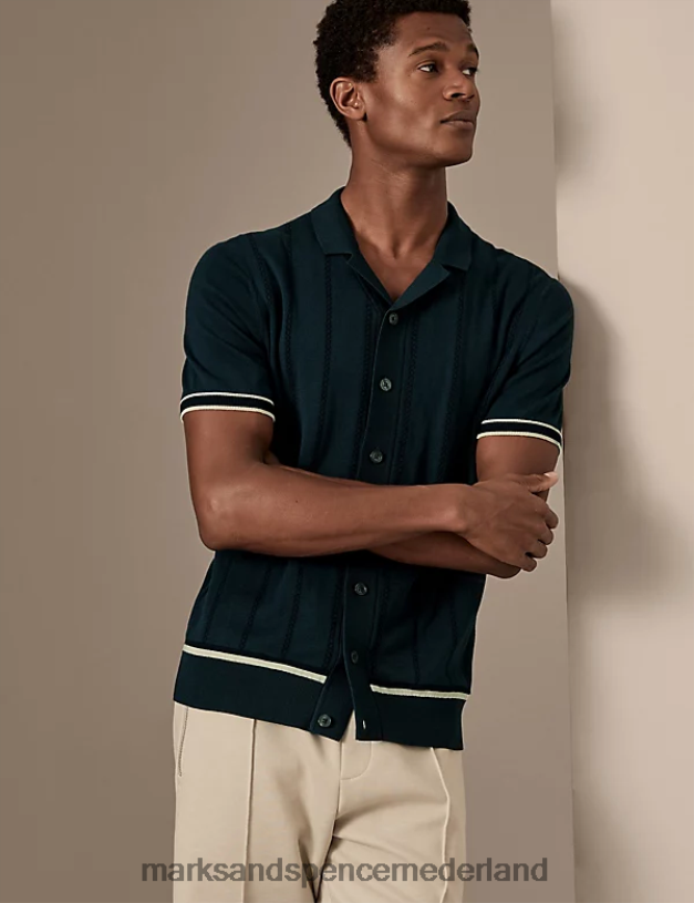 Marks & Spencer Heren katoenrijk gestreept gebreid poloshirt donkere inkt kleding N8VZP4795