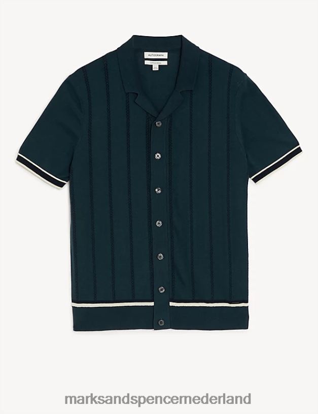 Marks & Spencer Heren katoenrijk gestreept gebreid poloshirt donkere inkt kleding N8VZP4795