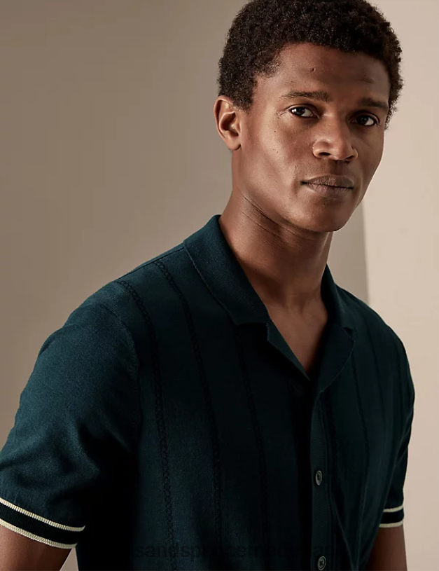 Marks & Spencer Heren katoenrijk gestreept gebreid poloshirt donkere inkt kleding N8VZP4795