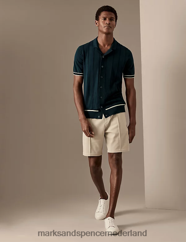 Marks & Spencer Heren katoenrijk gestreept gebreid poloshirt donkere inkt kleding N8VZP4795