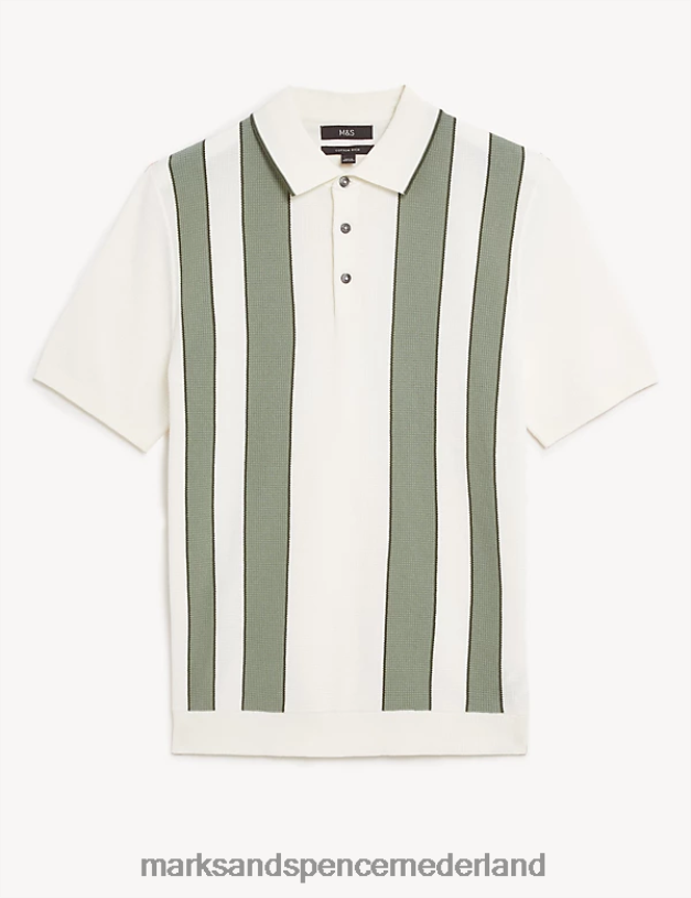 Marks & Spencer Heren katoenrijk gestreept gebreid poloshirt ecru mix kleding N8VZP6592
