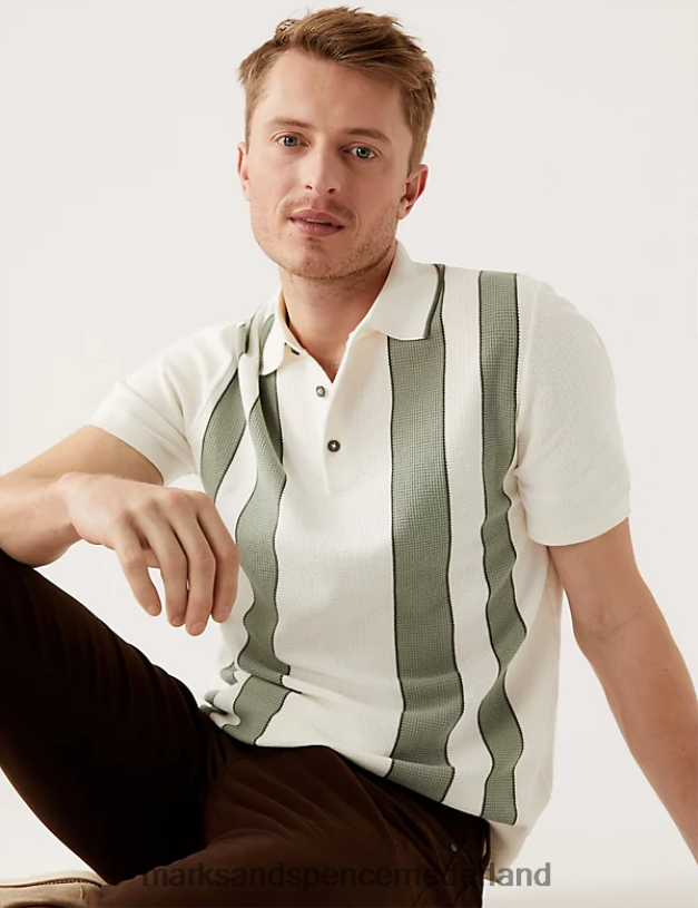 Marks & Spencer Heren katoenrijk gestreept gebreid poloshirt ecru mix kleding N8VZP6592