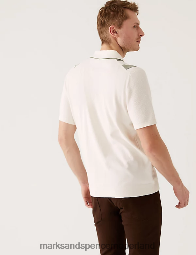 Marks & Spencer Heren katoenrijk gestreept gebreid poloshirt ecru mix kleding N8VZP6592