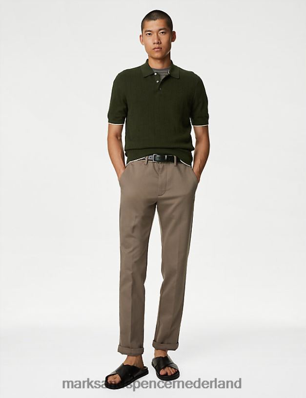 Marks & Spencer Heren katoenrijk, getextureerd gebreid poloshirt khaki kleding N8VZP6244