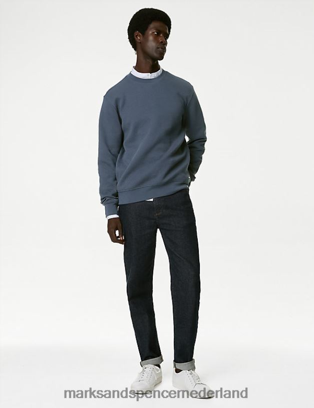 Marks & Spencer Heren katoenrijk sweatshirt met ronde hals en textuur donkere inkt kleding N8VZP7217