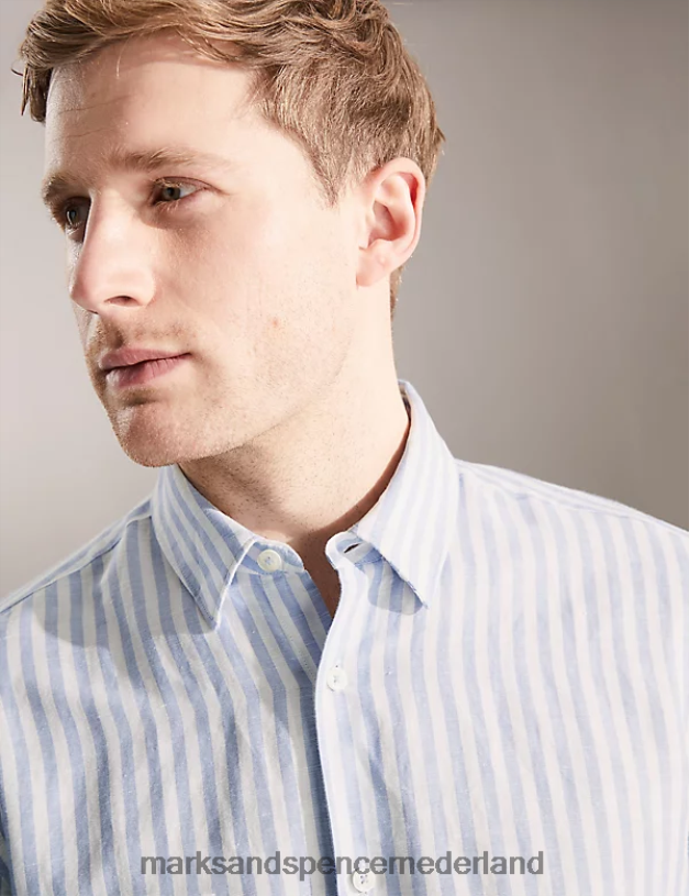 Marks & Spencer Heren linnenrijk gestreept overhemd blauw kleding N8VZP6041