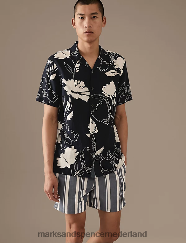 Marks & Spencer Heren linnenrijk overhemd met Cubaanse kraag en bloemen marine mix kleding N8VZP6830