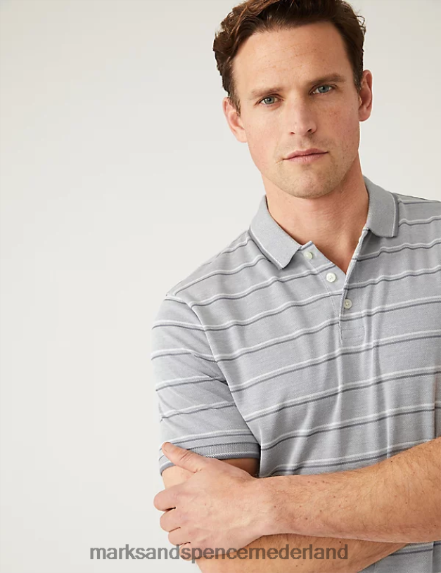 Marks & Spencer Heren modaal rijk gestreept poloshirt grijs kleding N8VZP5542
