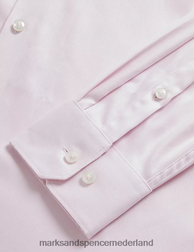 Marks & Spencer Heren overhemd van puur katoen met visgraatmotief, normale pasvorm bleekroze kleding N8VZP6547