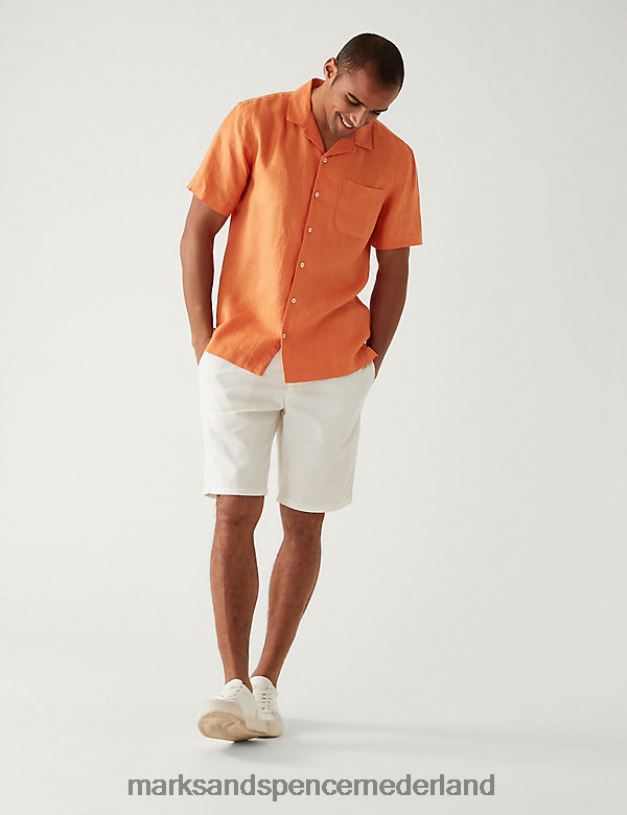 Marks & Spencer Heren overhemd van puur linnen met Cubaanse kraag oranje kleding N8VZP5614