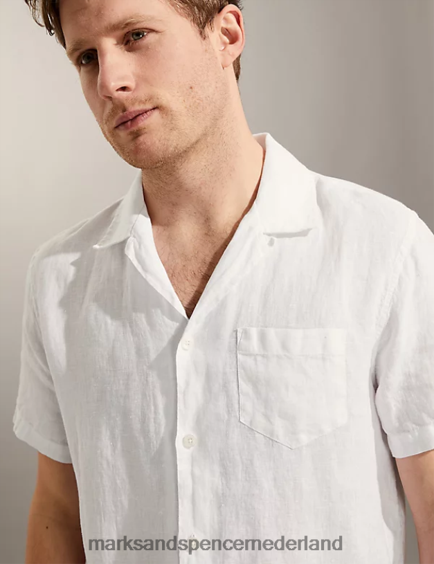 Marks & Spencer Heren overhemd van puur linnen met Cubaanse kraag wit kleding N8VZP6574