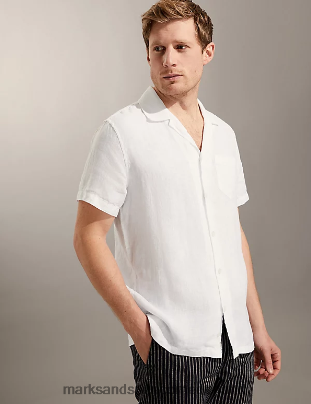 Marks & Spencer Heren overhemd van puur linnen met Cubaanse kraag wit kleding N8VZP6574